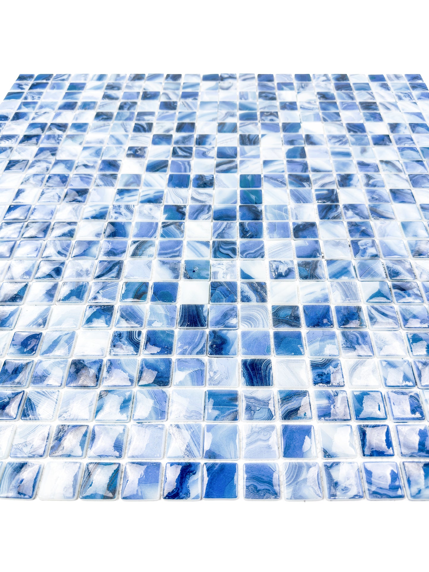 Opulent Vein Series Yale Blue & Milk White Marble Texture Glossy Recycled Glass Mosaic