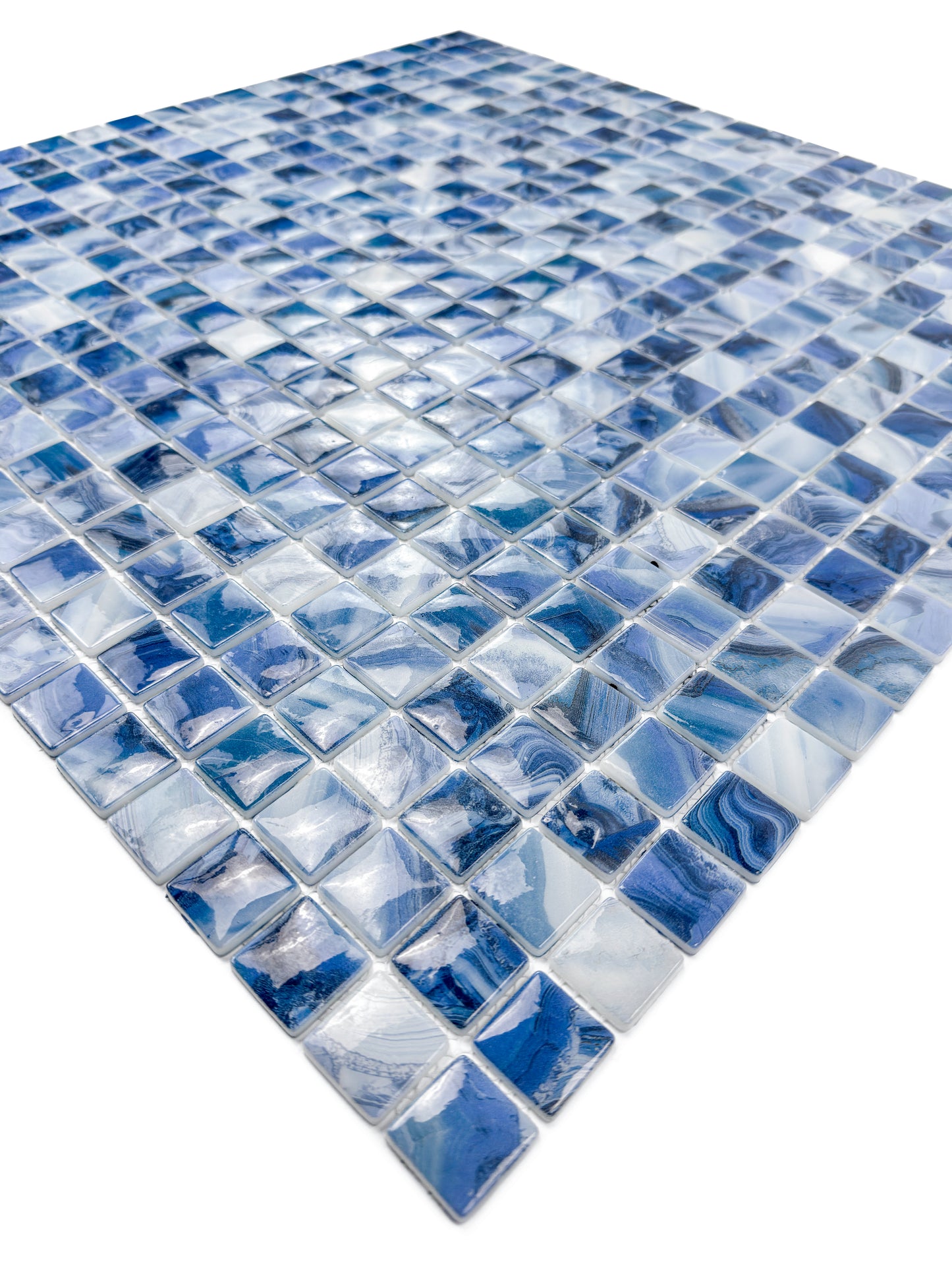 Opulent Vein Series Yale Blue & Milk White Marble Texture Glossy Recycled Glass Mosaic