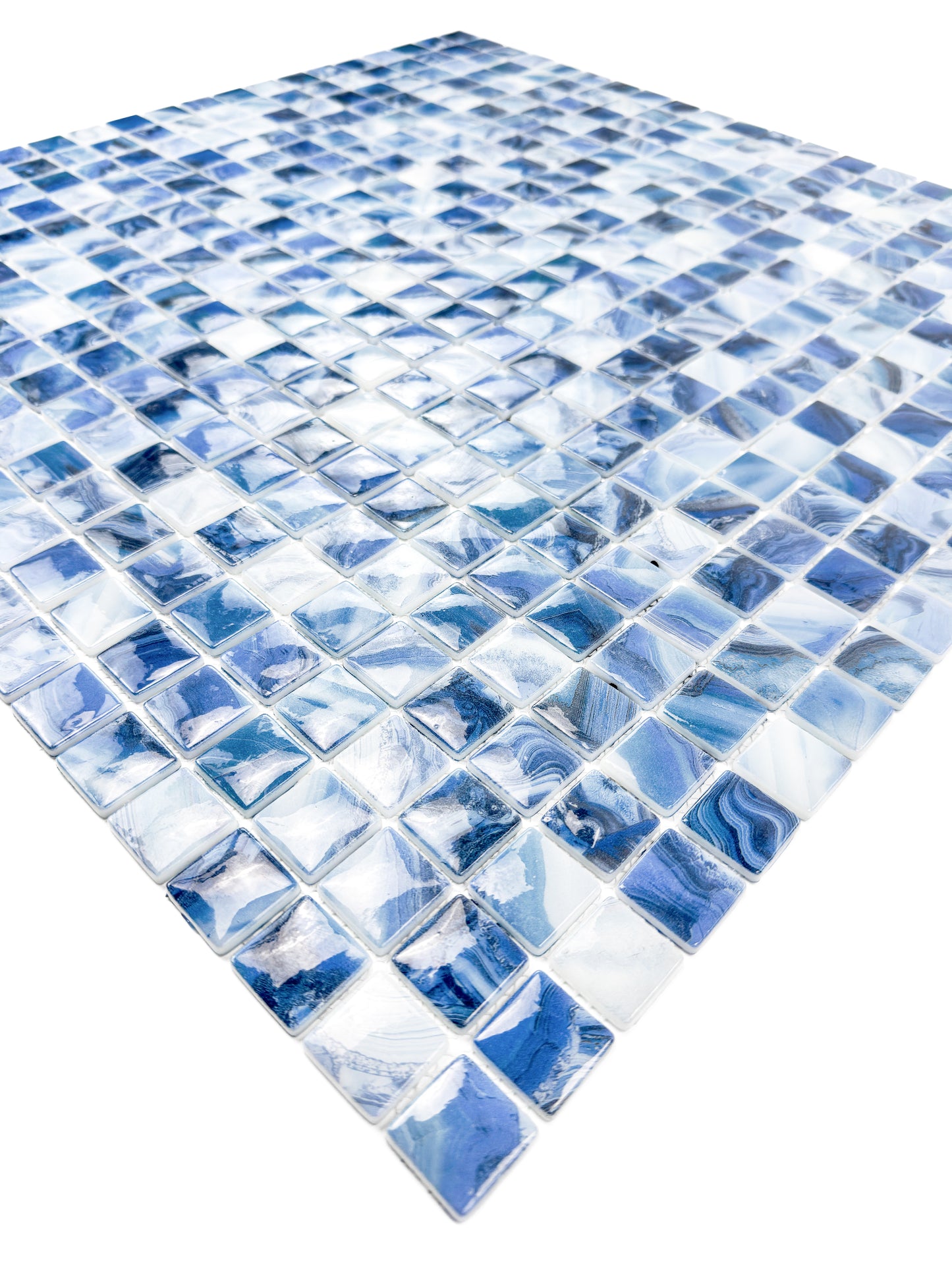Opulent Vein Series Yale Blue & Milk White Marble Texture Glossy Recycled Glass Mosaic