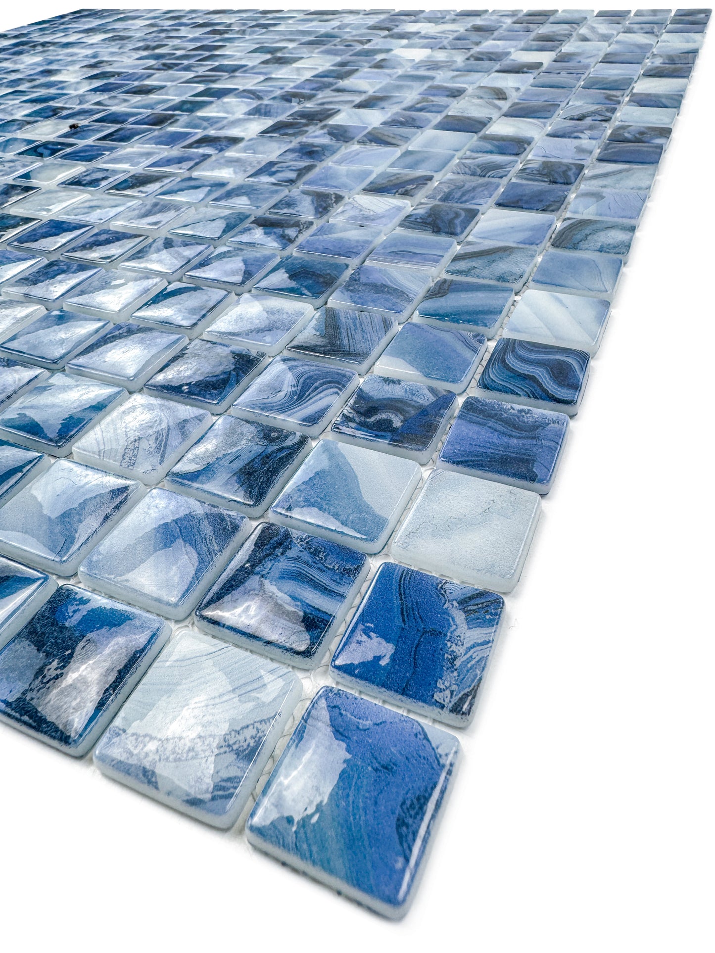 Opulent Vein Series Yale Blue & Milk White Marble Texture Glossy Recycled Glass Mosaic