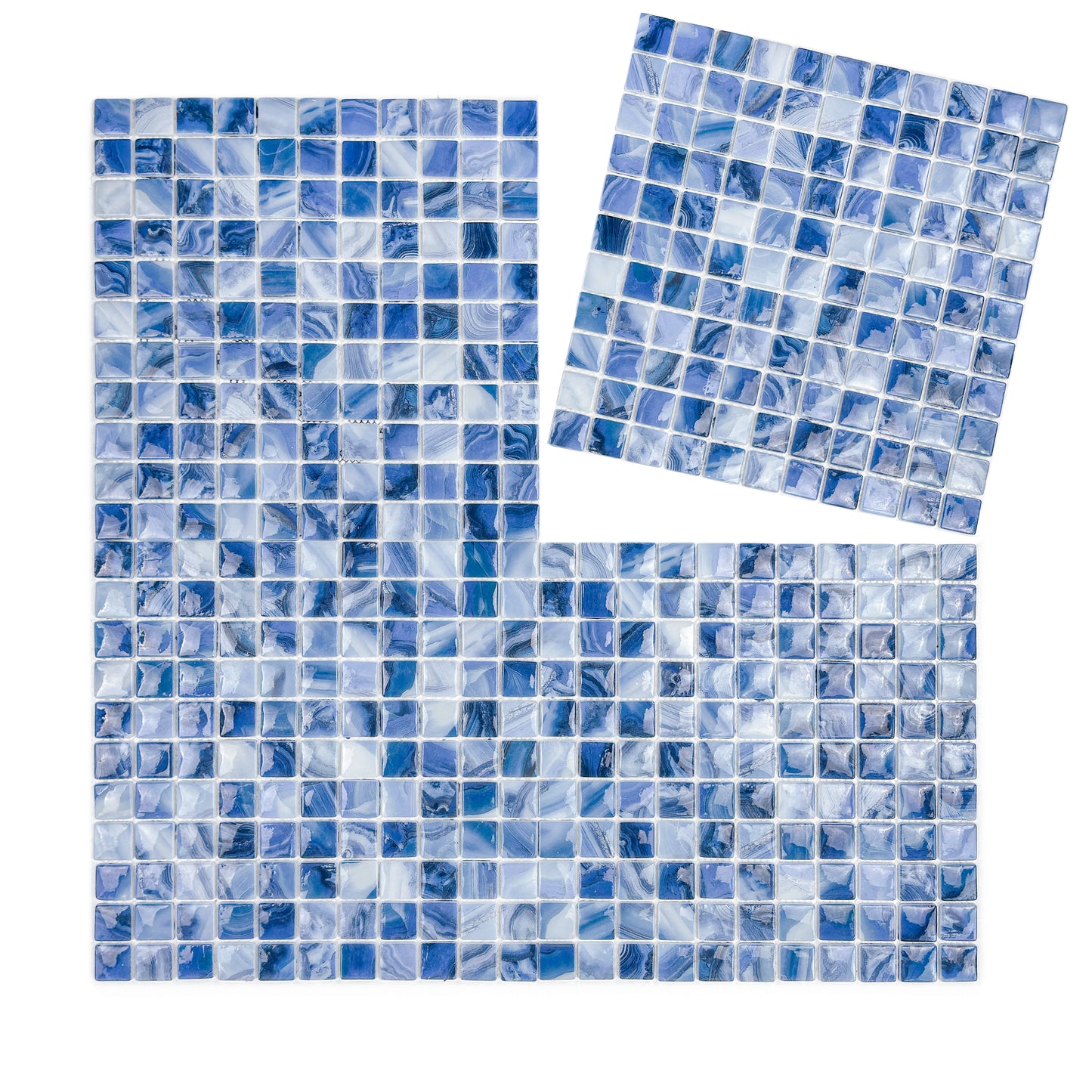 Opulent Vein Series Yale Blue & Milk White Marble Texture Glossy Recycled Glass Mosaic
