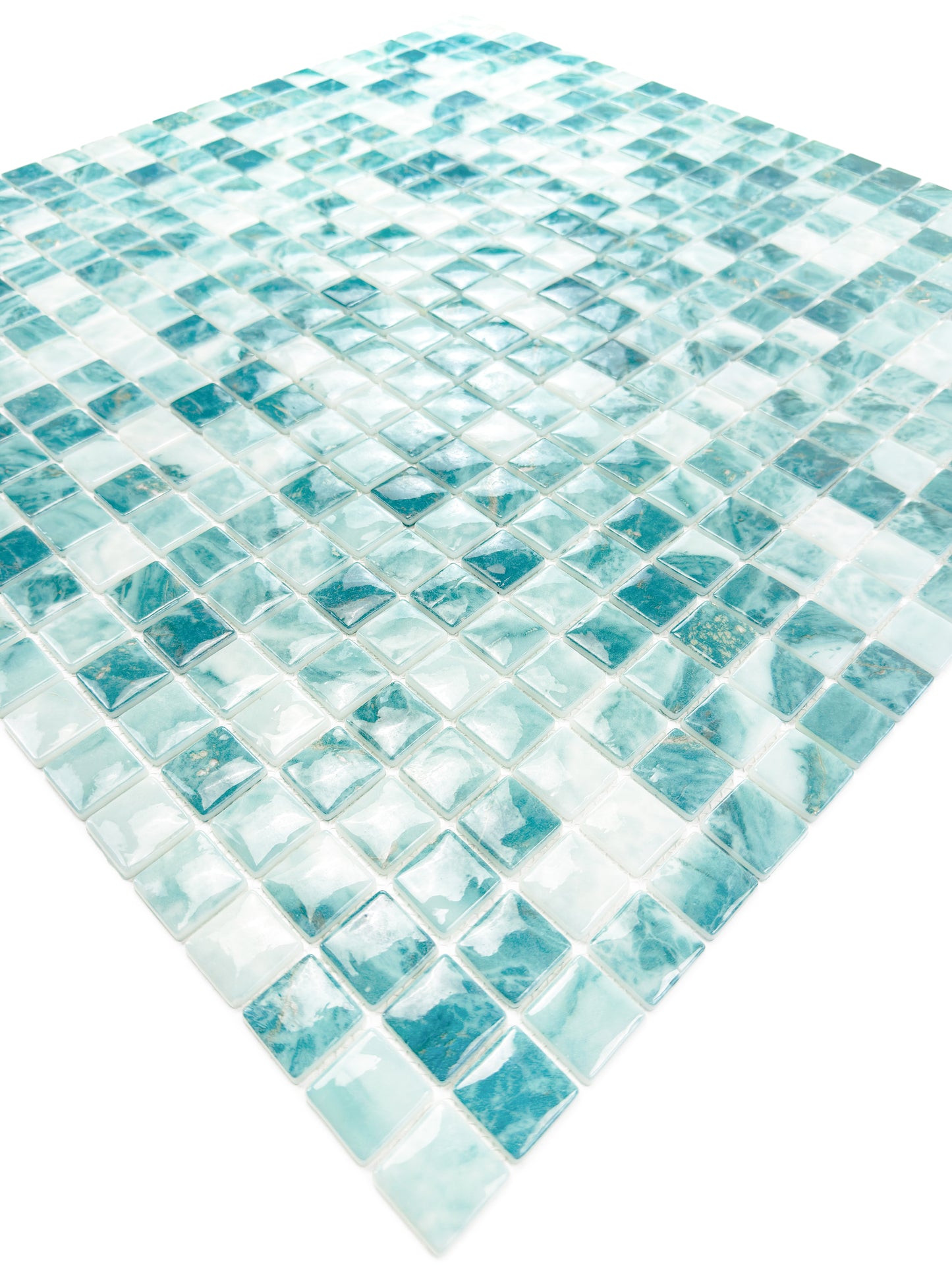 Opulent Vein Series Light Blue & Tiffany Blue Marble Texture Glossy Recycled Glass Mosaic