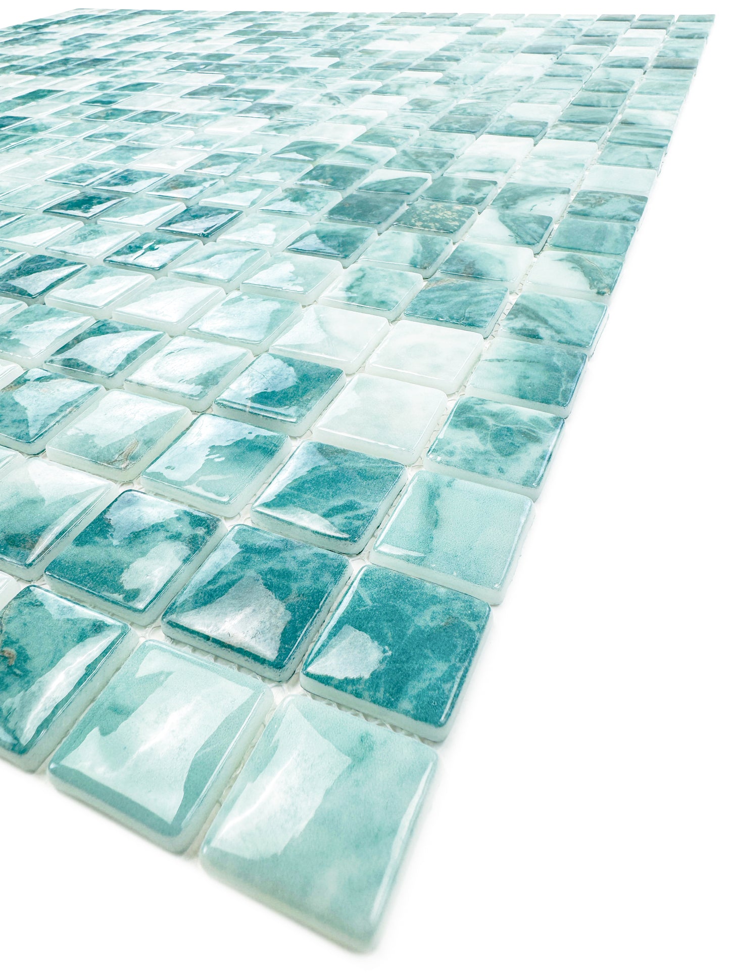 Opulent Vein Series Light Blue & Tiffany Blue Marble Texture Glossy Recycled Glass Mosaic