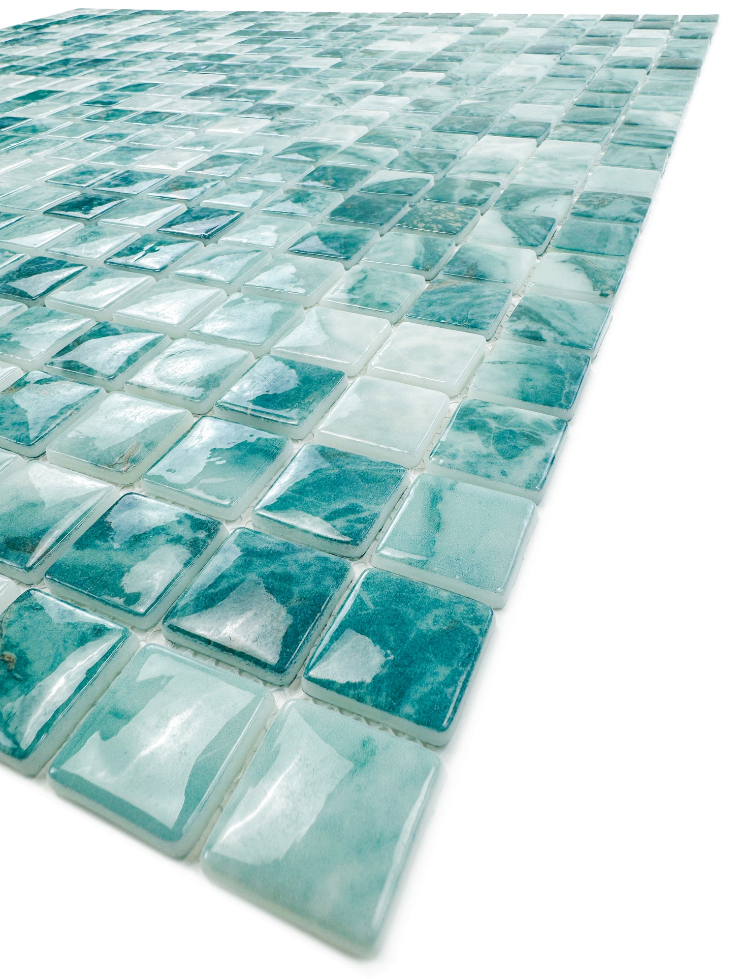 Opulent Vein Series Light Blue & Tiffany Blue Marble Texture Glossy Recycled Glass Mosaic