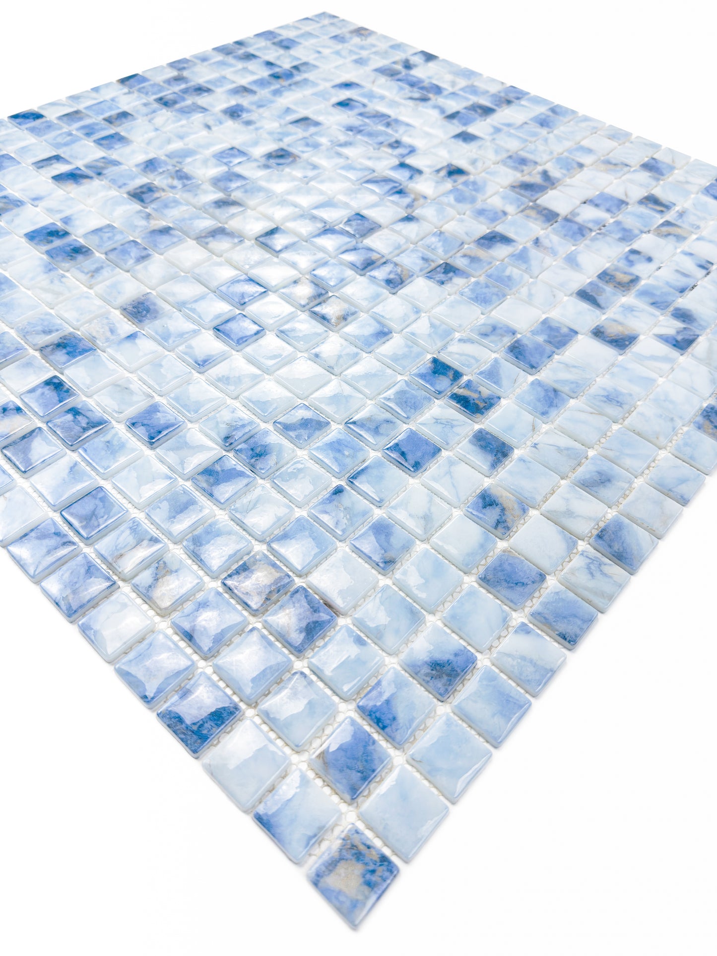 Opulent Vein Series Light Blue & Baby Blue Marble Texture Glossy Recycled Glass Mosaic