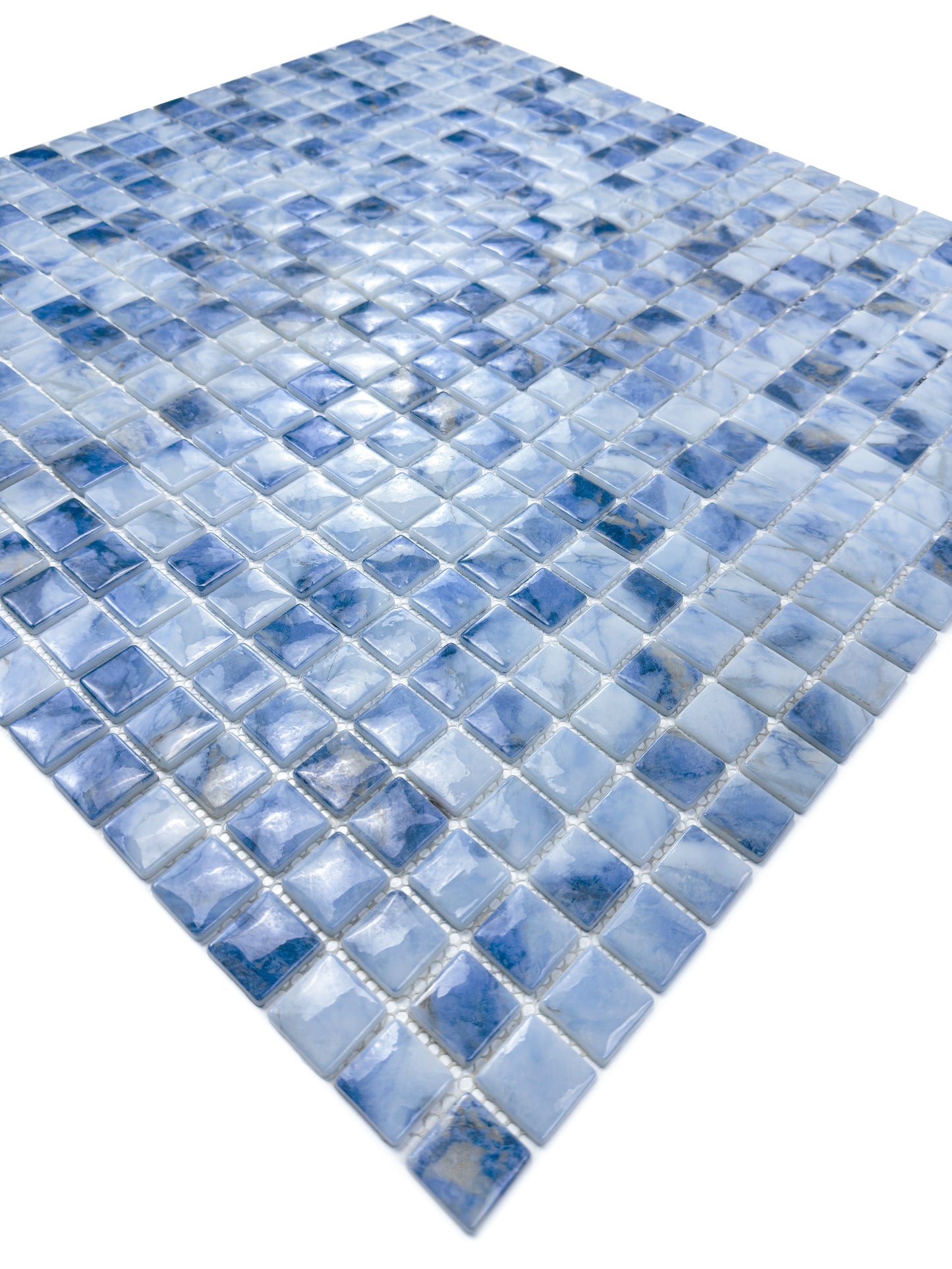 Opulent Vein Series Light Blue & Baby Blue Marble Texture Glossy Recycled Glass Mosaic