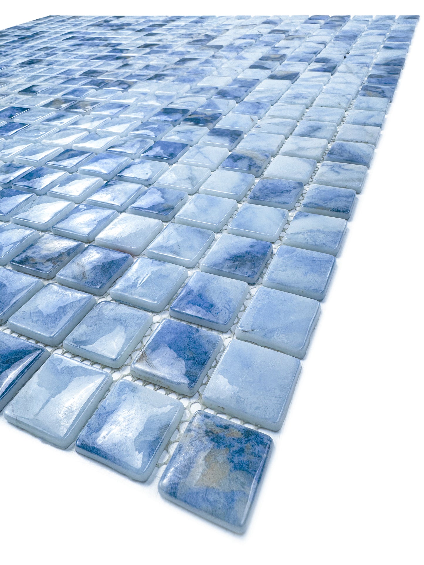 Opulent Vein Series Light Blue & Baby Blue Marble Texture Glossy Recycled Glass Mosaic