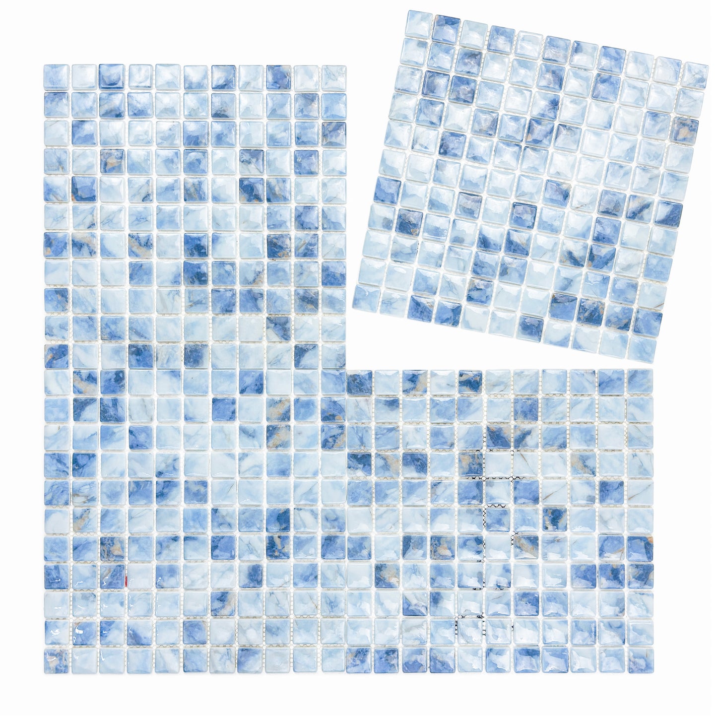 Opulent Vein Series Light Blue & Baby Blue Marble Texture Glossy Recycled Glass Mosaic