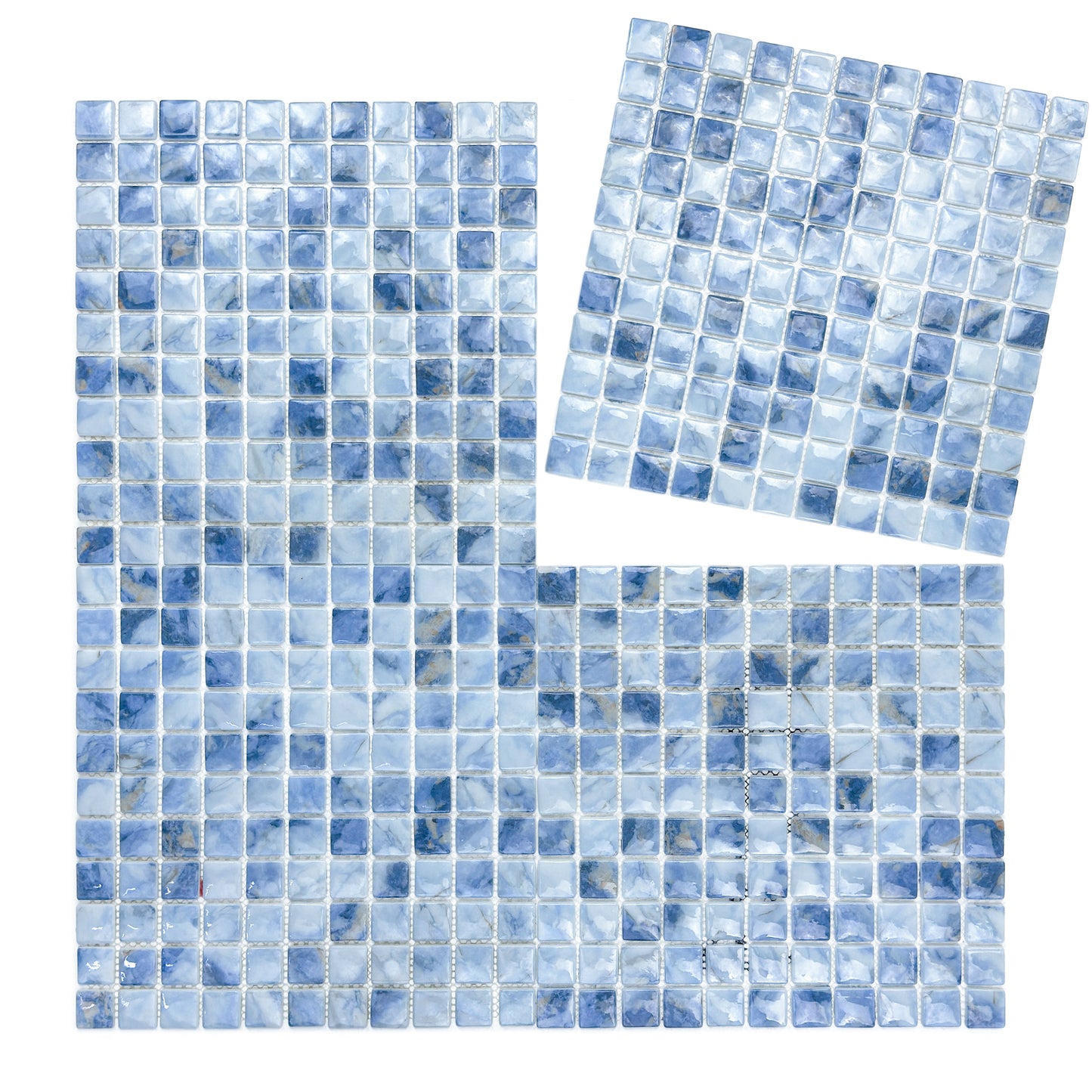 Opulent Vein Series Light Blue & Baby Blue Marble Texture Glossy Recycled Glass Mosaic