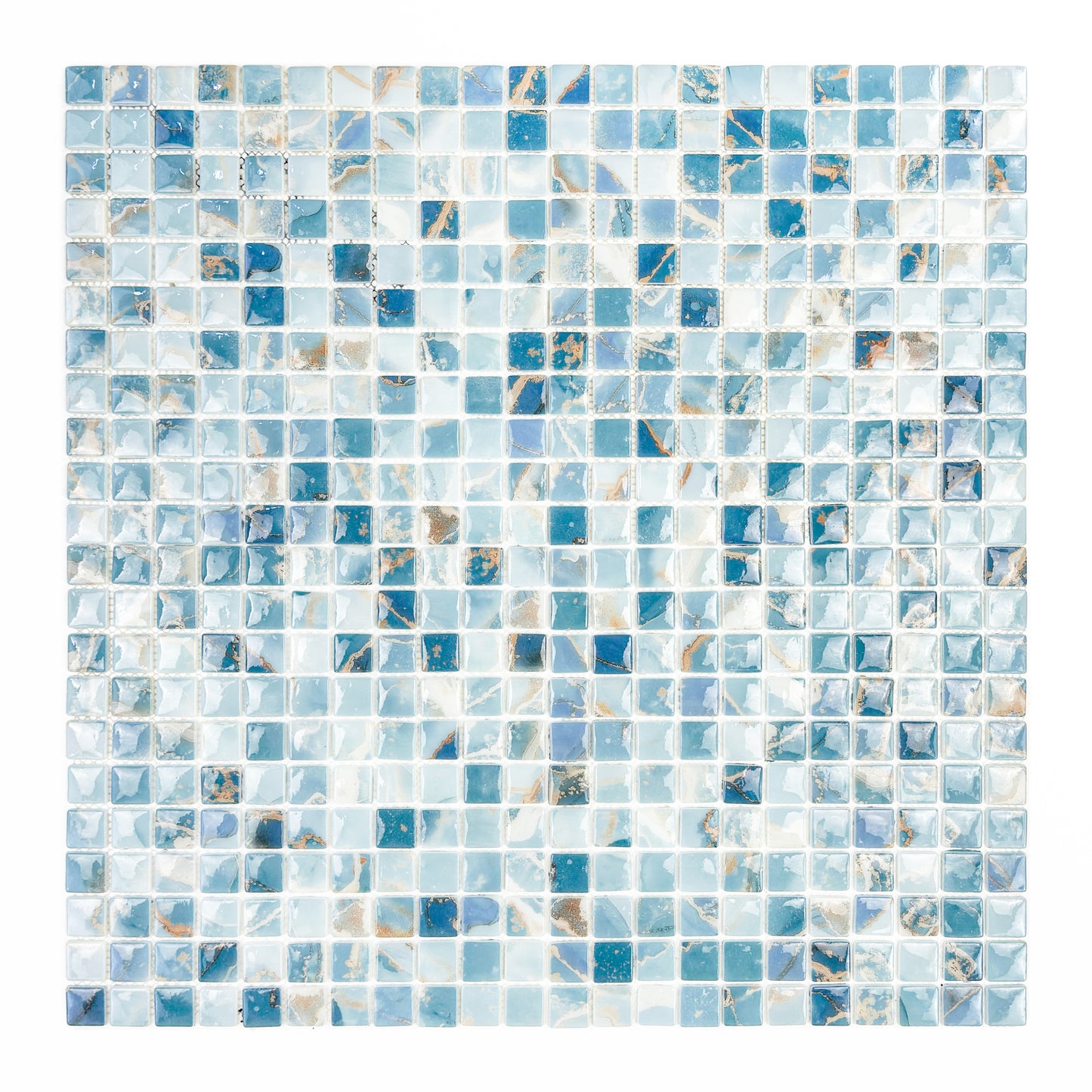 Opulent Vein Series Light Blue & Stone Blue Marble Texture Glossy Recycled Glass Mosaic