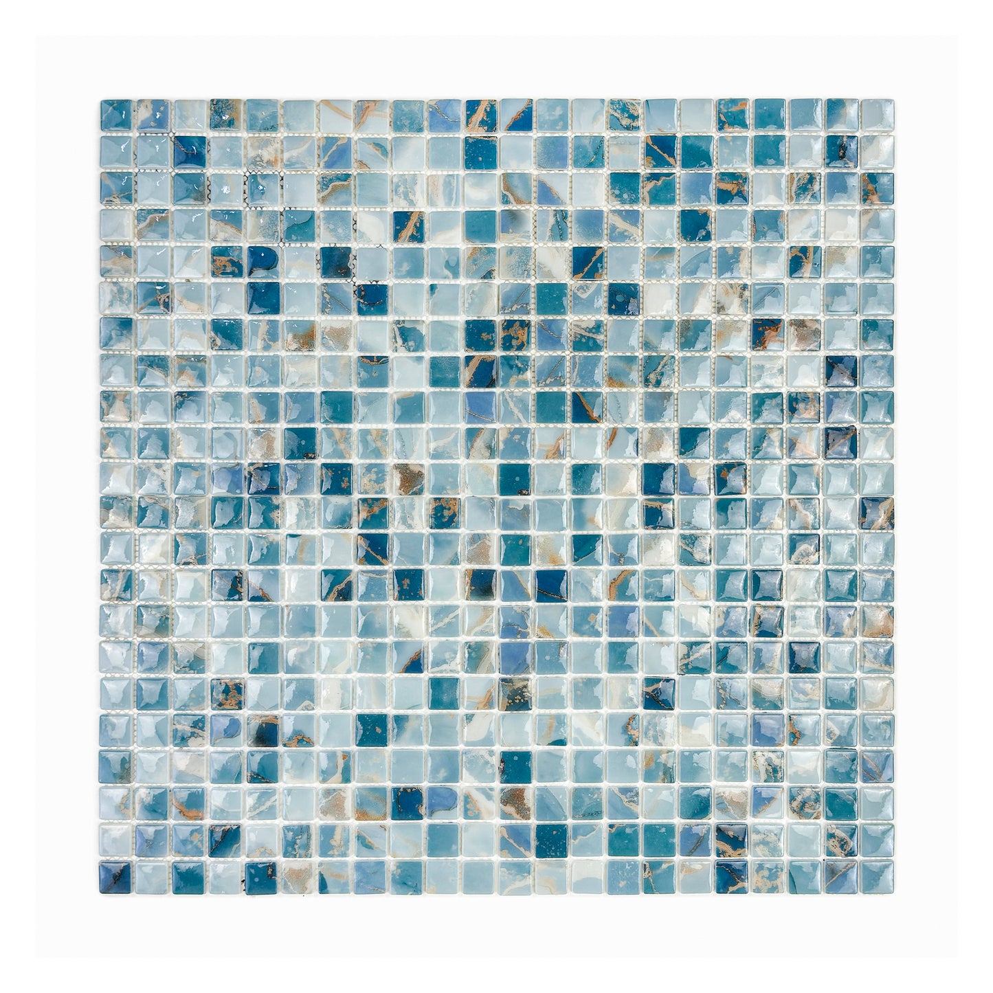 Opulent Vein Series Light Blue & Stone Blue Marble Texture Glossy Recycled Glass Mosaic