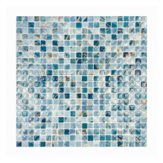 Opulent Vein Series Light Blue & Stone Blue Marble Texture Glossy Recycled Glass Mosaic