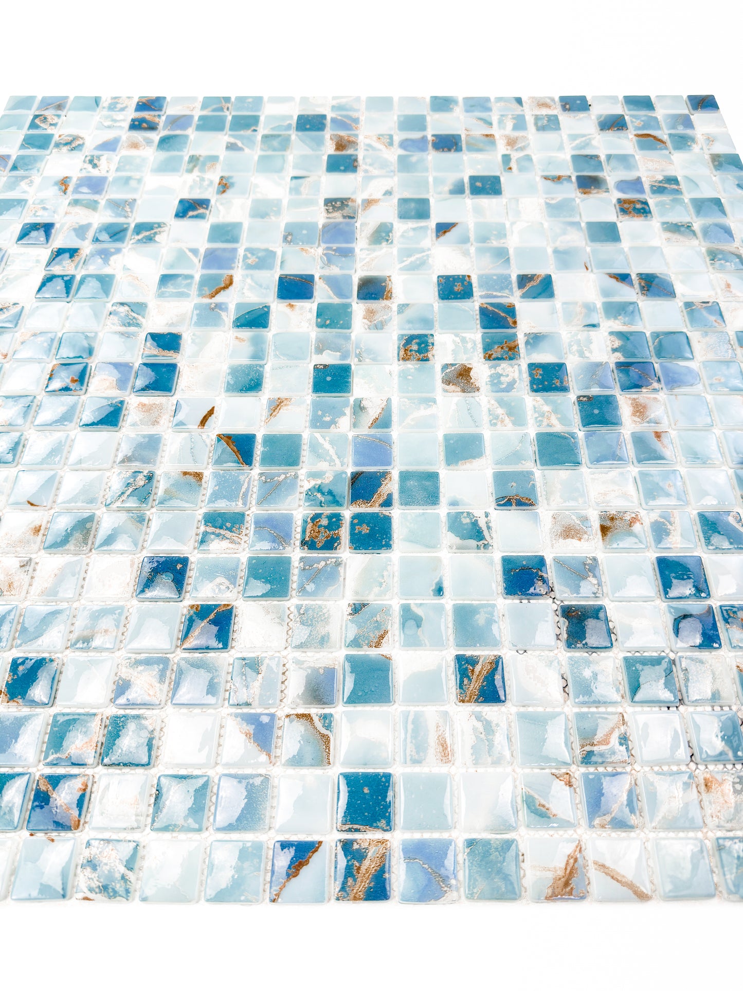 Opulent Vein Series Light Blue & Stone Blue Marble Texture Glossy Recycled Glass Mosaic