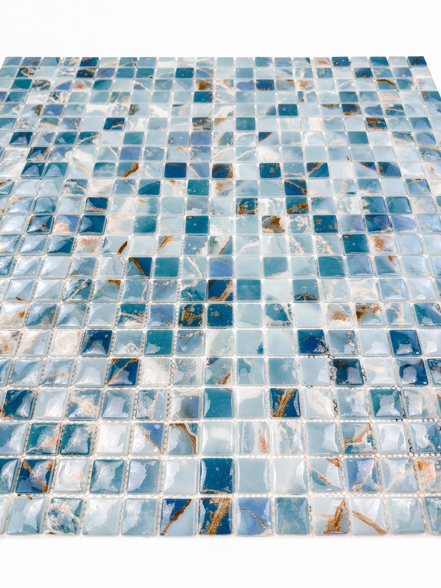 Opulent Vein Series Light Blue & Stone Blue Marble Texture Glossy Recycled Glass Mosaic