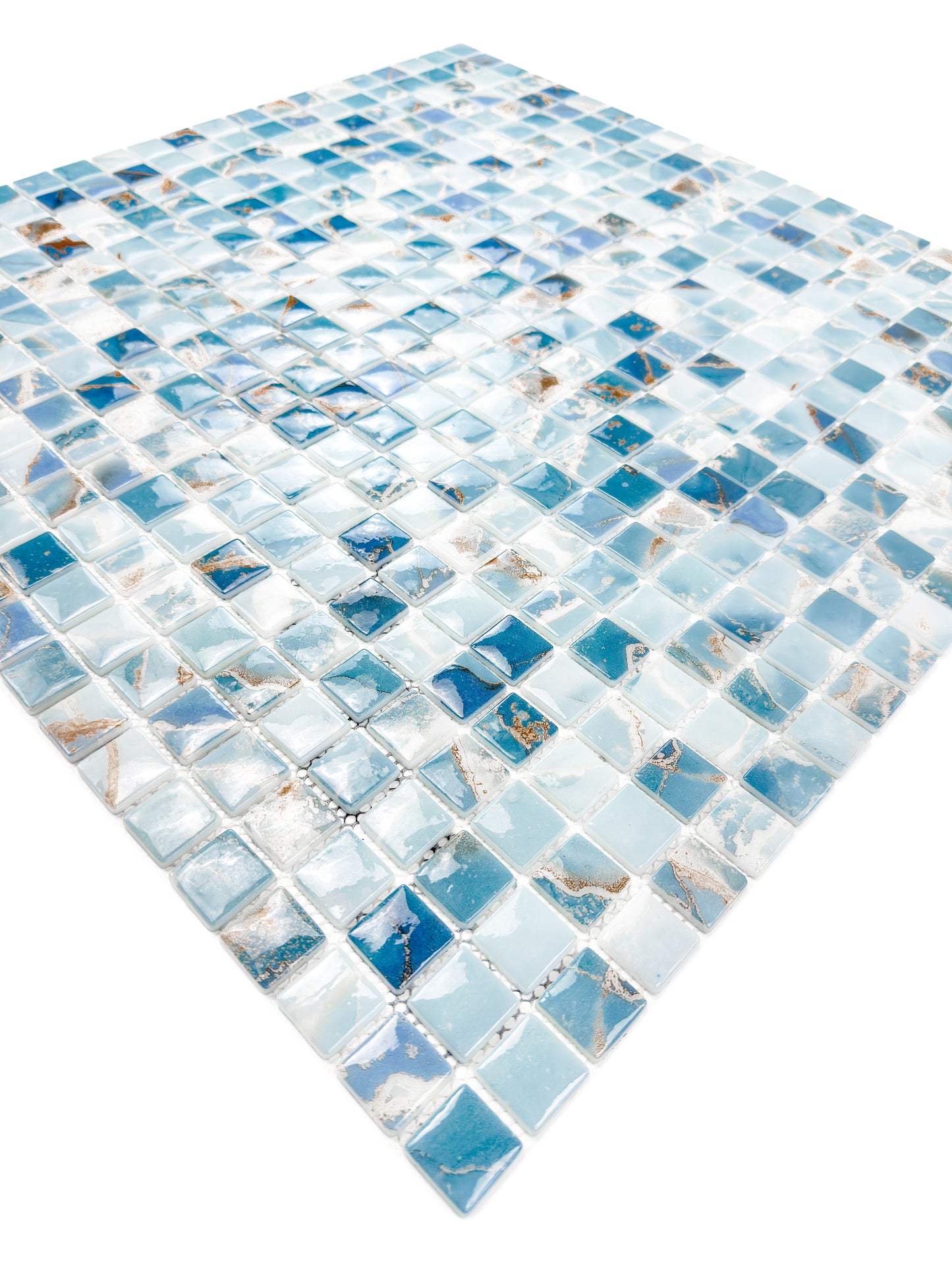 Opulent Vein Series Light Blue & Stone Blue Marble Texture Glossy Recycled Glass Mosaic