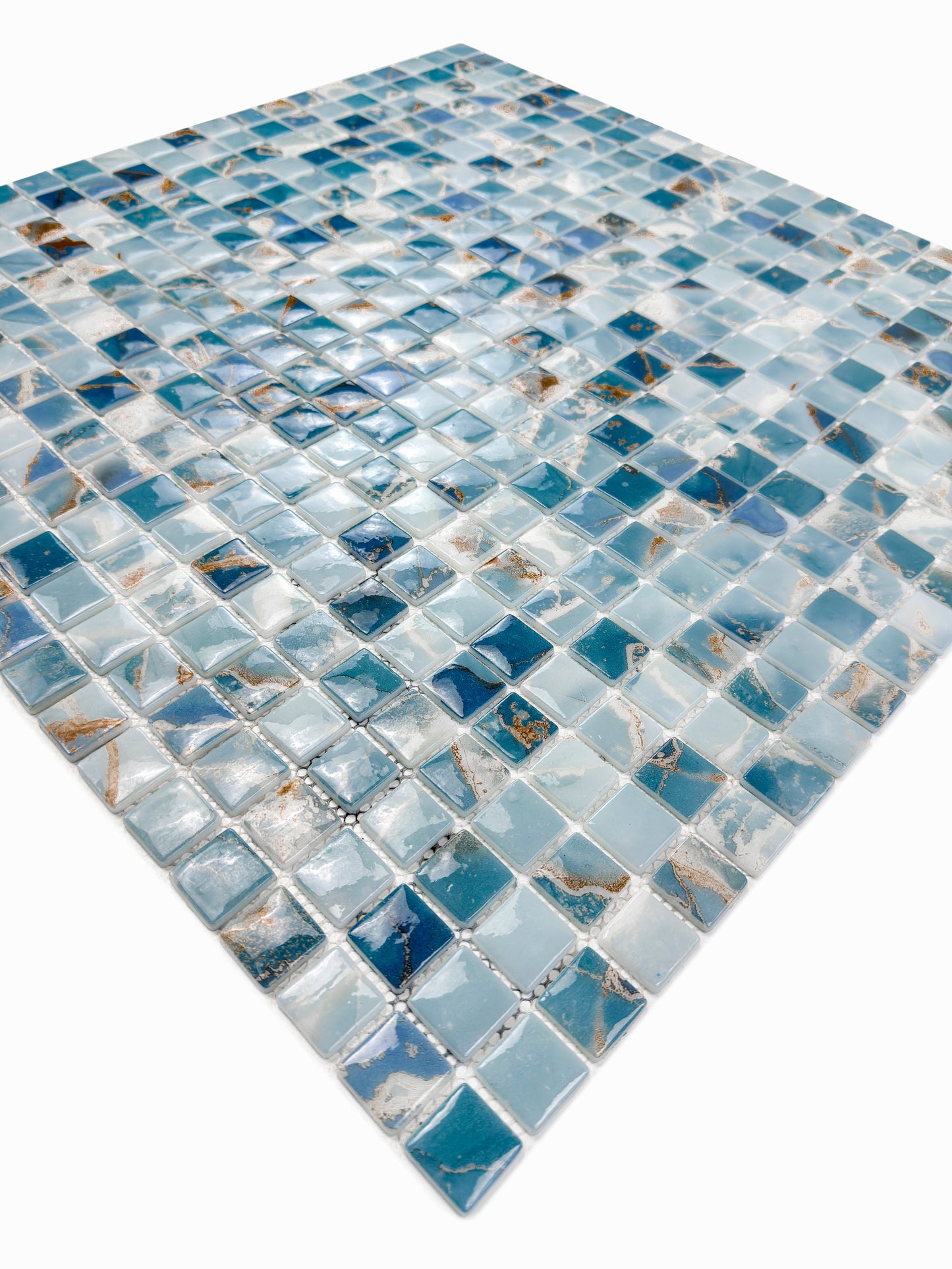 Opulent Vein Series Light Blue & Stone Blue Marble Texture Glossy Recycled Glass Mosaic