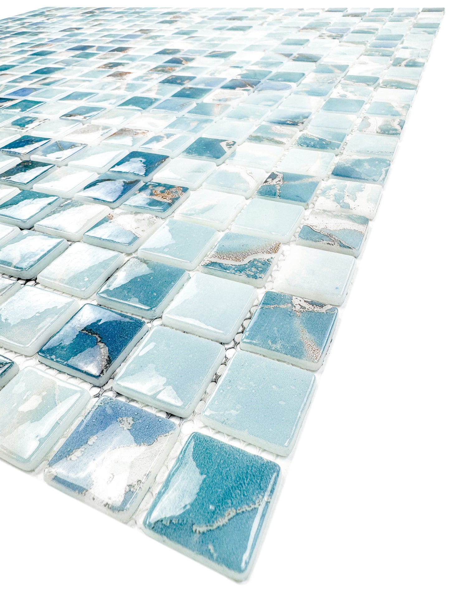 Opulent Vein Series Light Blue & Stone Blue Marble Texture Glossy Recycled Glass Mosaic