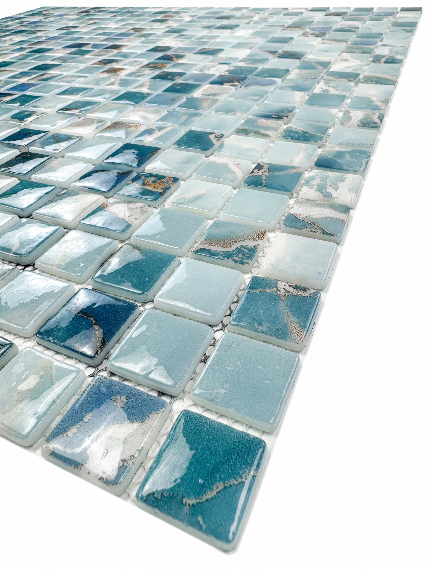 Opulent Vein Series Light Blue & Stone Blue Marble Texture Glossy Recycled Glass Mosaic