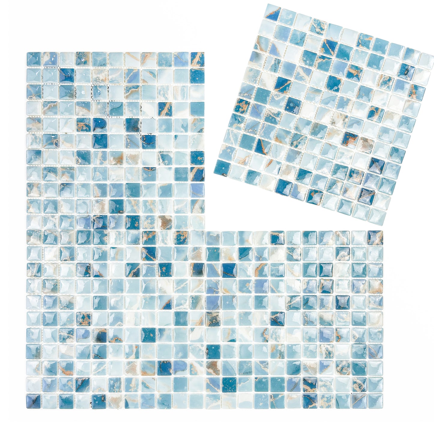 Opulent Vein Series Light Blue & Stone Blue Marble Texture Glossy Recycled Glass Mosaic