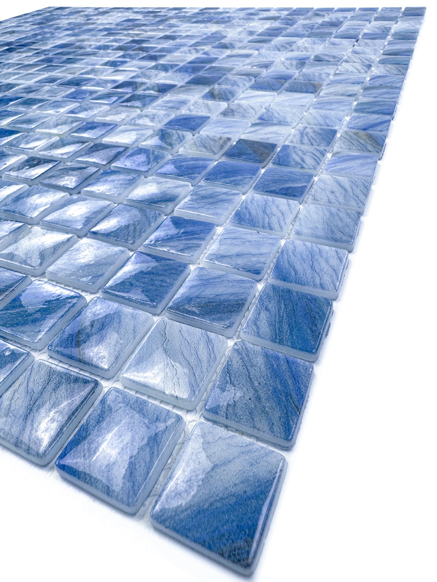 Opulent Vein Series Ice Blue & Royal Blue Marble Texture Glossy Recycled Glass Mosaic