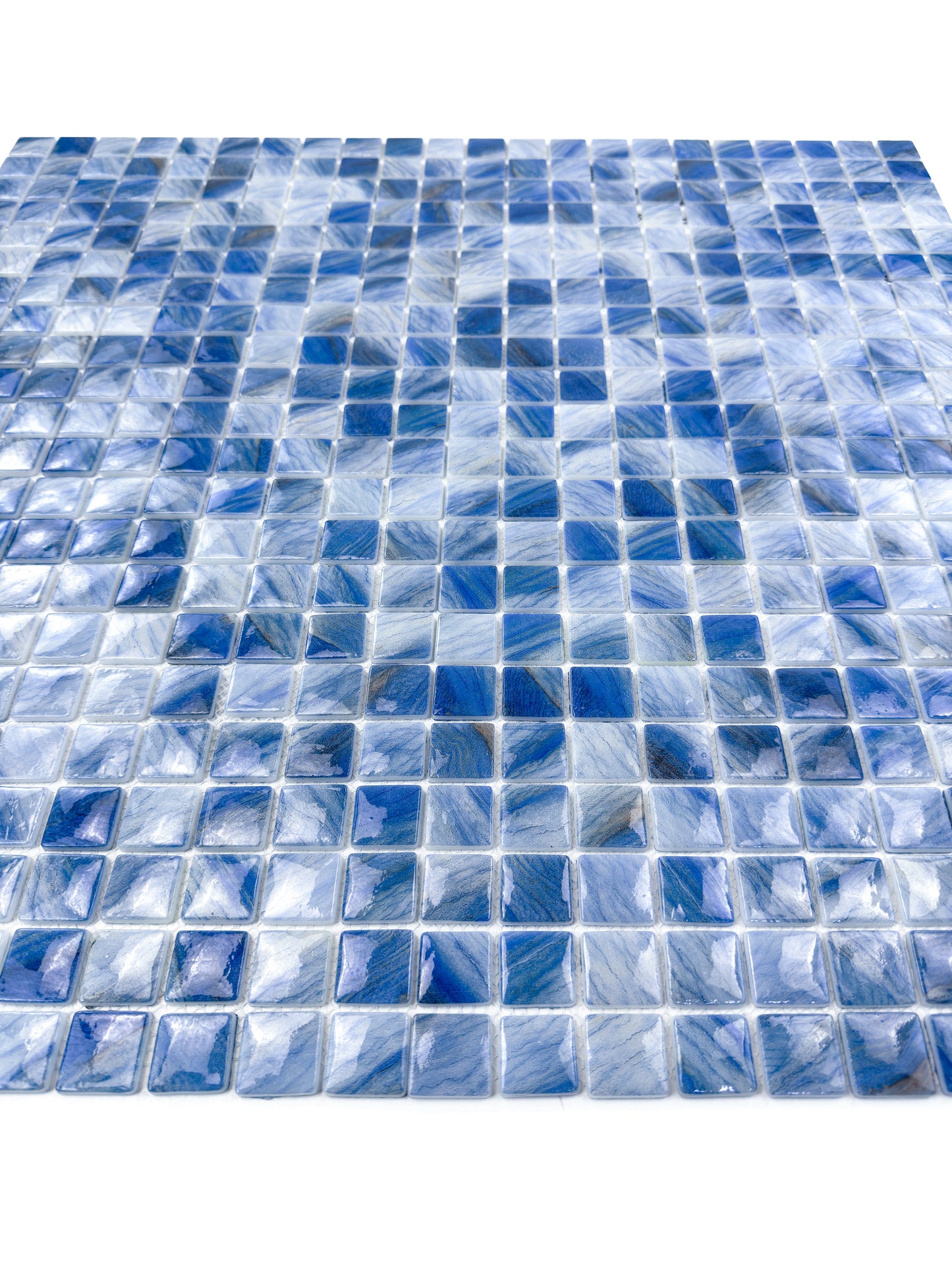 Opulent Vein Series Ice Blue & Royal Blue Marble Texture Glossy Recycled Glass Mosaic