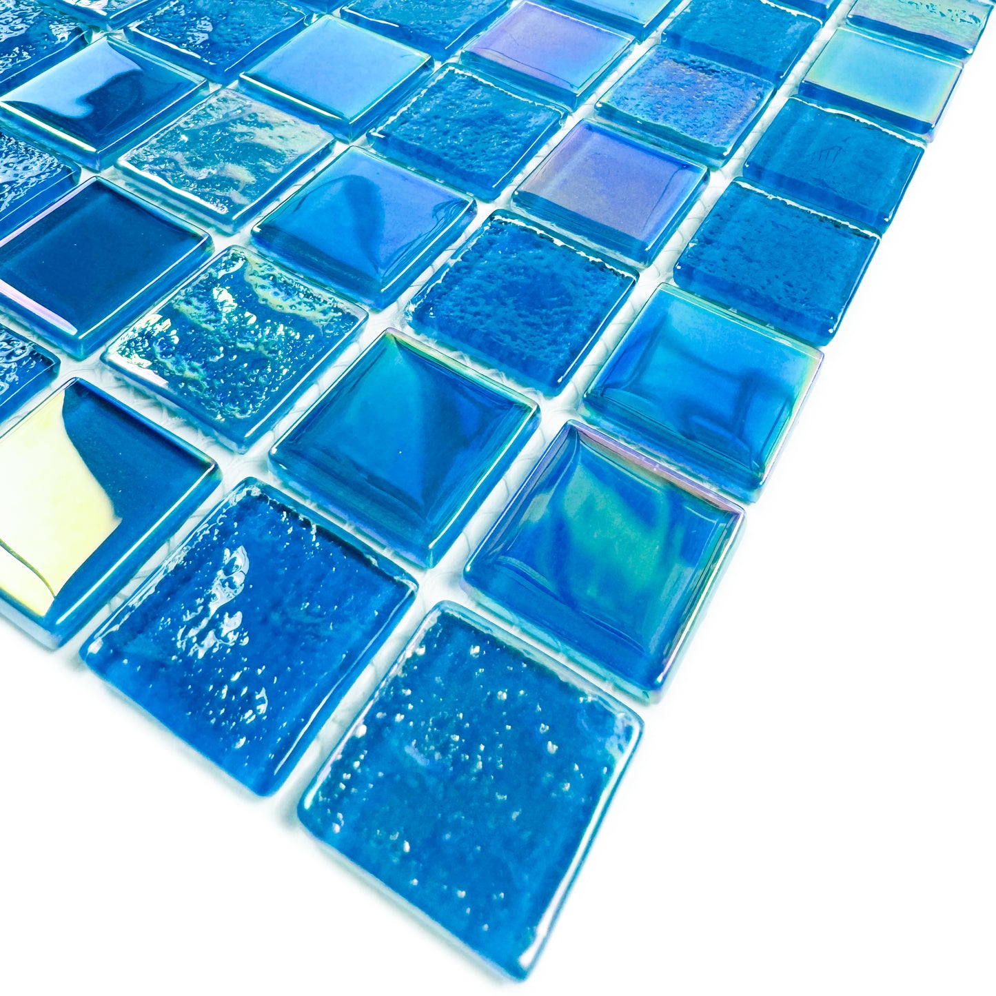 Crystal Cascade Collection Pine Green & Sapphire Blue Iridescent Mixed Wave Pattern Crystal Glass Mosaic