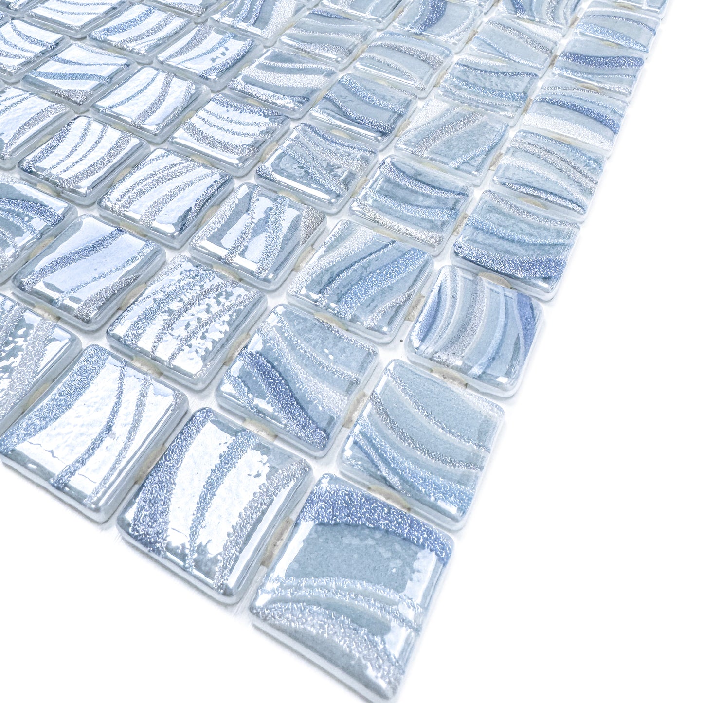Spanish Mosaic Series White & Royal Blue & Baby Blue Shinny Streaks And Swirls Texture  Recycled Glass Mosaic
