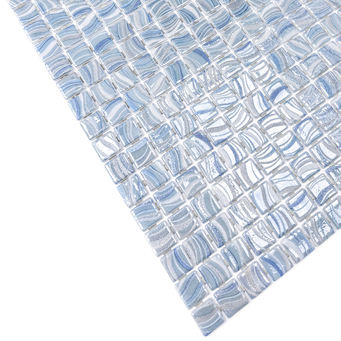 Spanish Mosaic Series White & Royal Blue & Baby Blue Shinny Streaks And Swirls Texture  Recycled Glass Mosaic