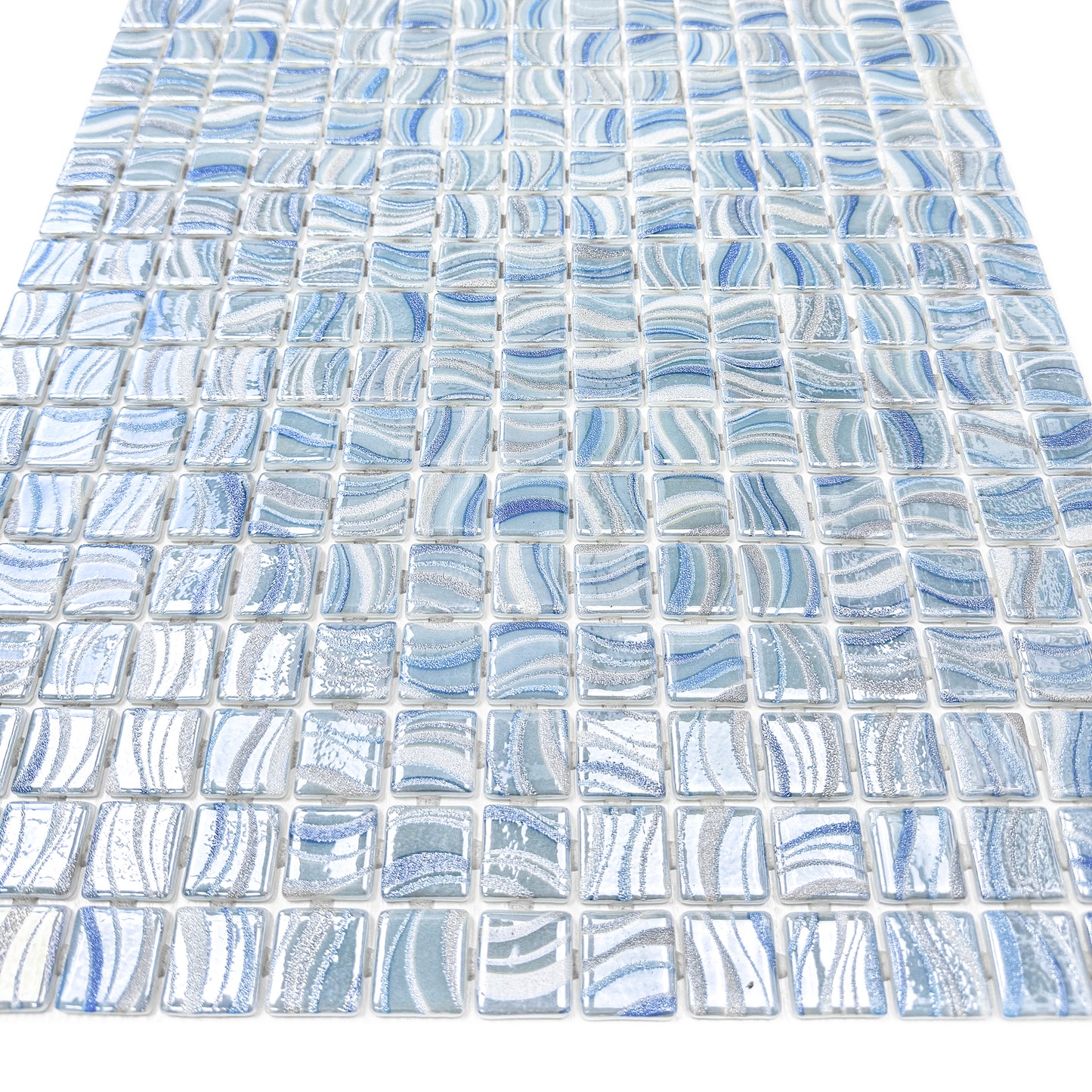 Spanish Mosaic Series White & Royal Blue & Baby Blue Shinny Streaks And Swirls Texture  Recycled Glass Mosaic