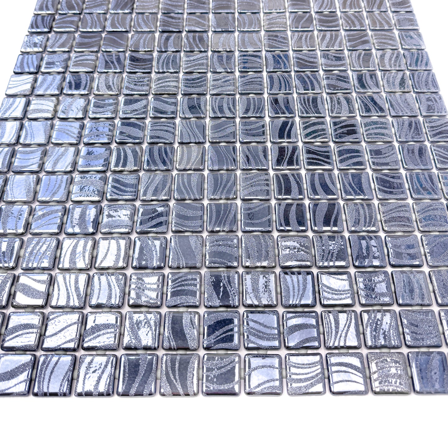 Spanish Mosaic Series Iron Grey & Ash Grey  Shinny Streaks And Swirls Texture  Recycled Glass Mosaic