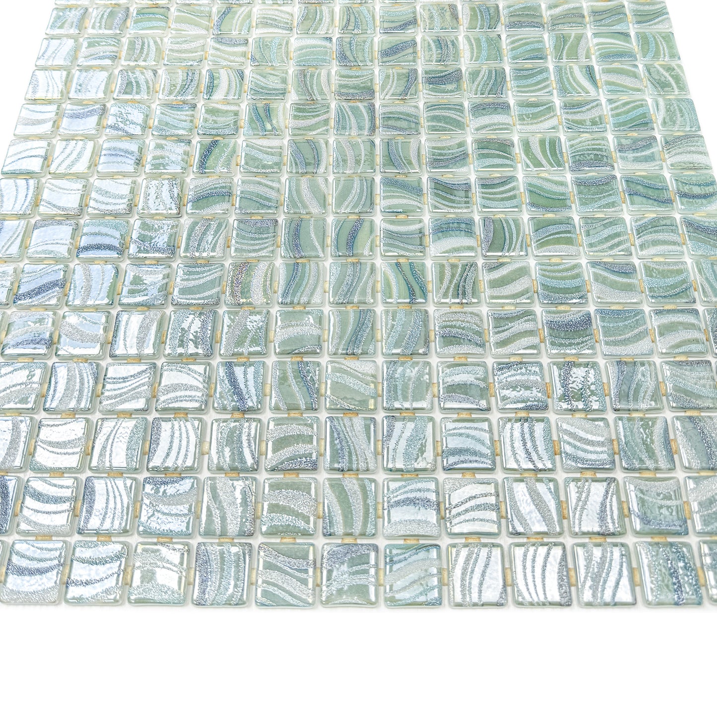 Spanish Mosaic Series Saga Green & Fern Green & Moss Green  Shinny Streaks And Swirls Texture  Recycled Glass Mosaic