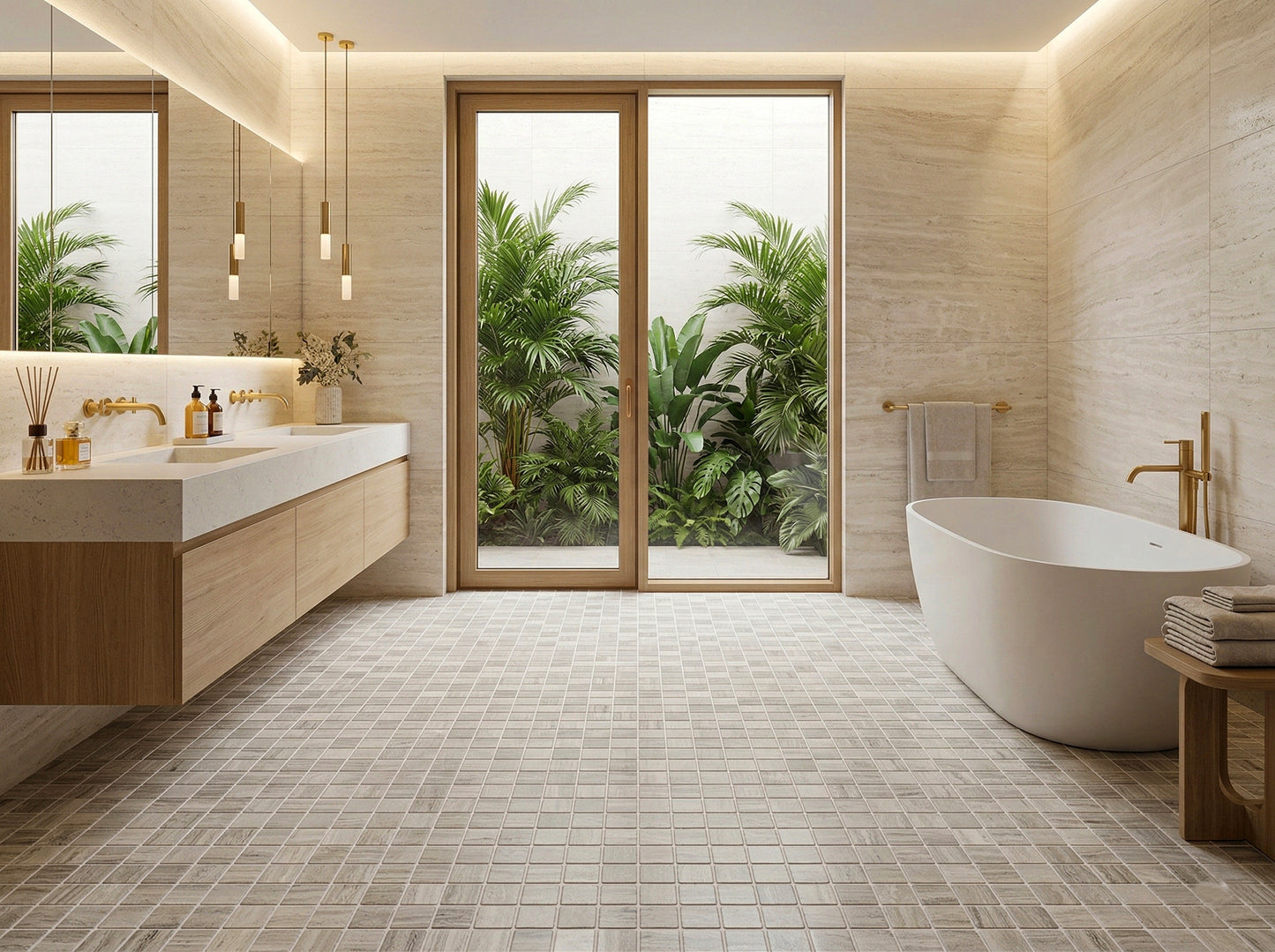 Rome Vestige Series Rectangle White Wood Marble Tumble & Brush Leather Surface Marble Tile