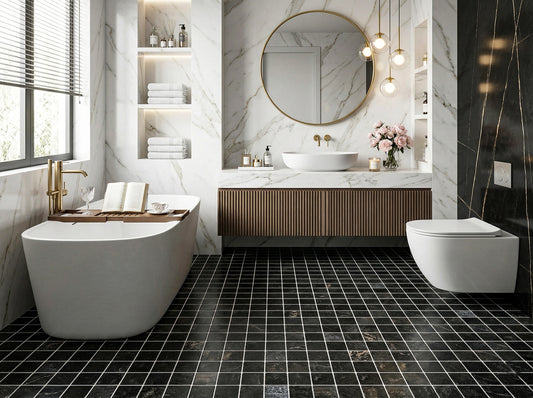 Rome Vestige Series Rectangle Black Gold Marble Tumble & Brush Leather Surface Marble Tile