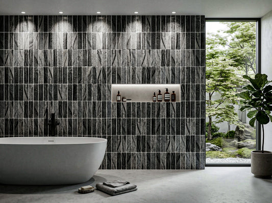 Rome Vestige Series Rectangle Black Wood Marble Tumble & Brush Leather Surface Marble Tile