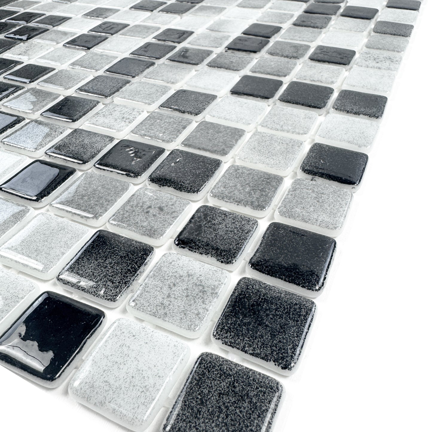 European Mosaic Series  Light Grey & Black White Mixed Iridescent Recycled Glass Mosaic