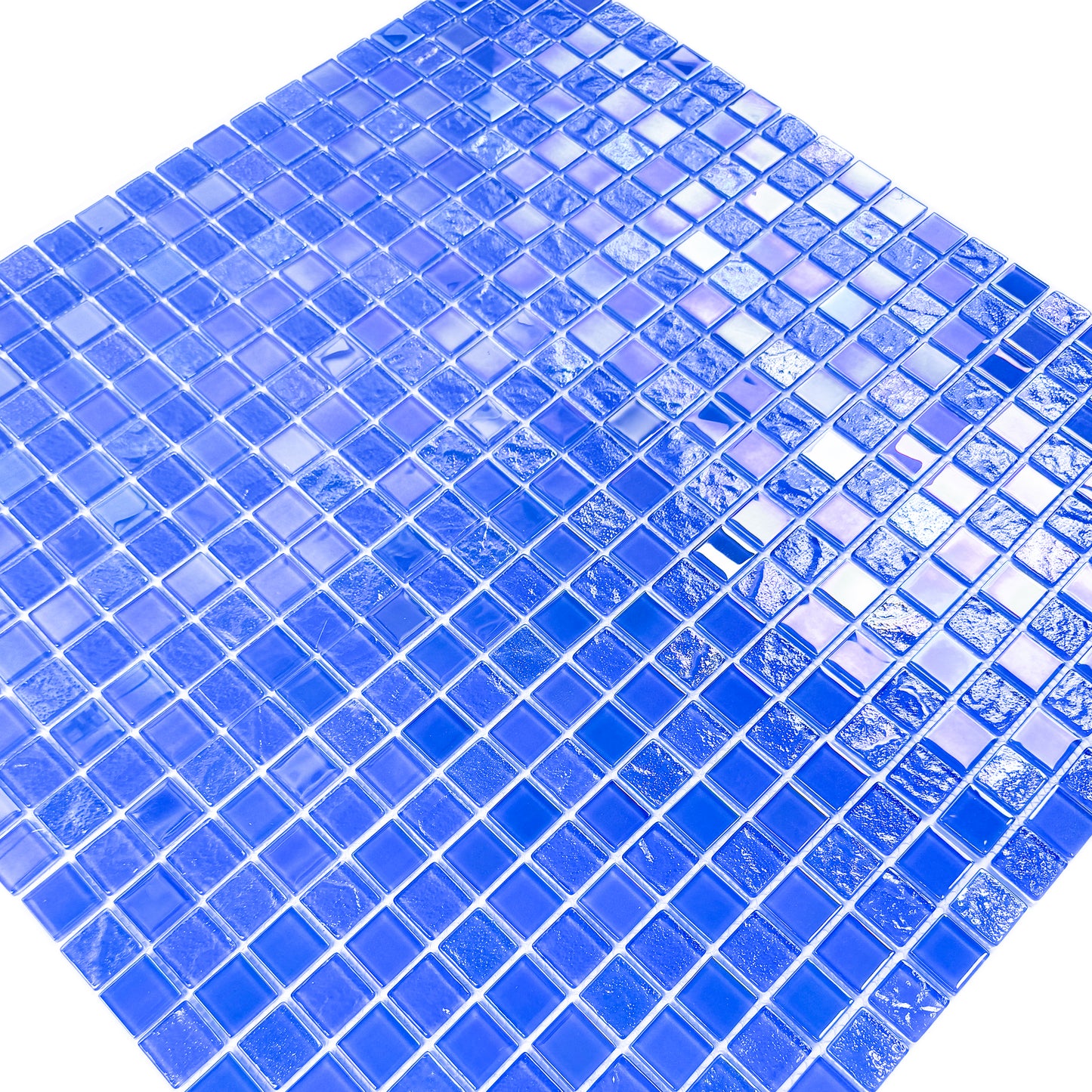 Crystal Cascade Collection French Blue & Oriental Blue Iridescent Mixed Wave Pattern Crystal Glass Mosaic