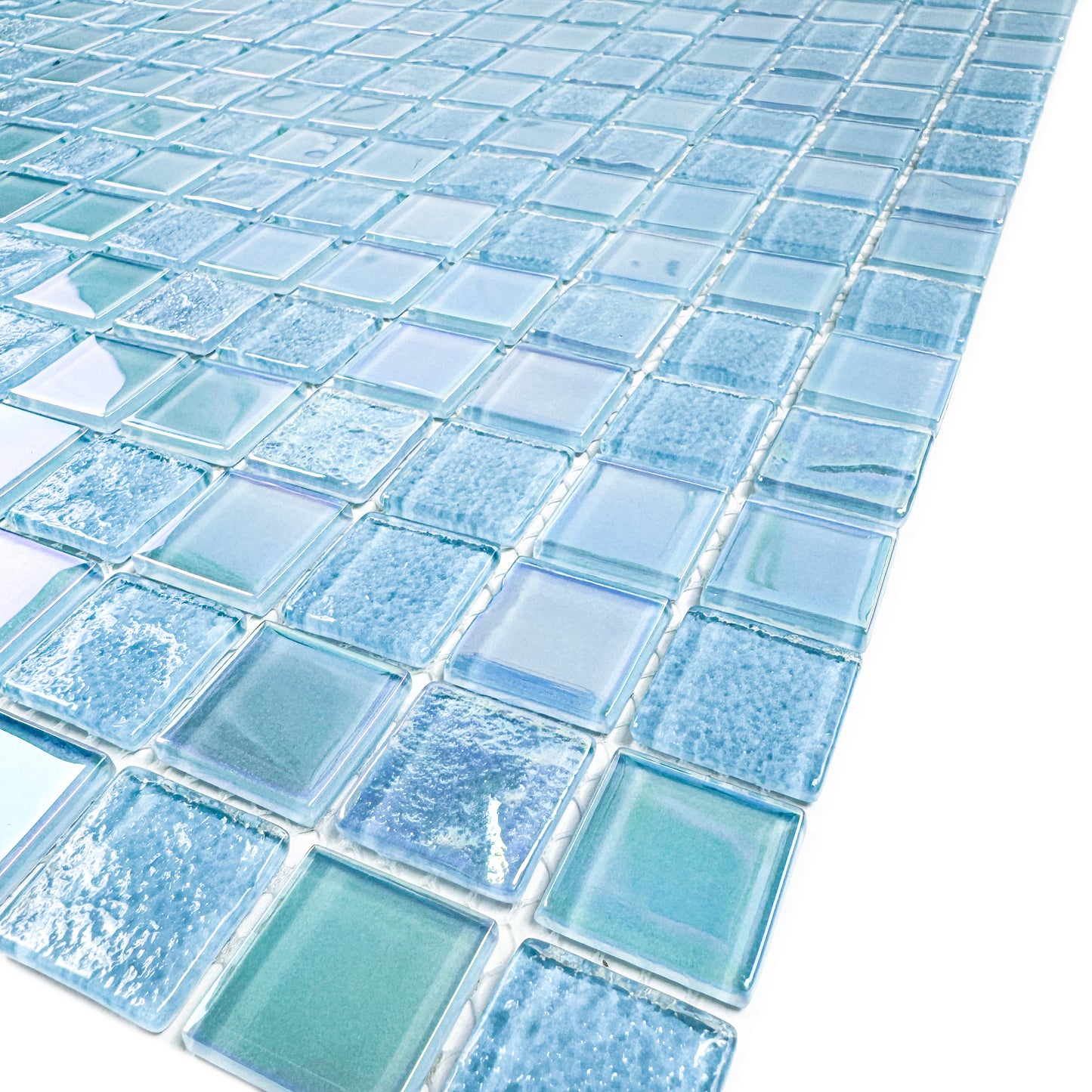 Crystal Cascade Collection Sky Blue & Nile Blue Iridescent Mixed Wave Pattern Crystal Glass Mosaic