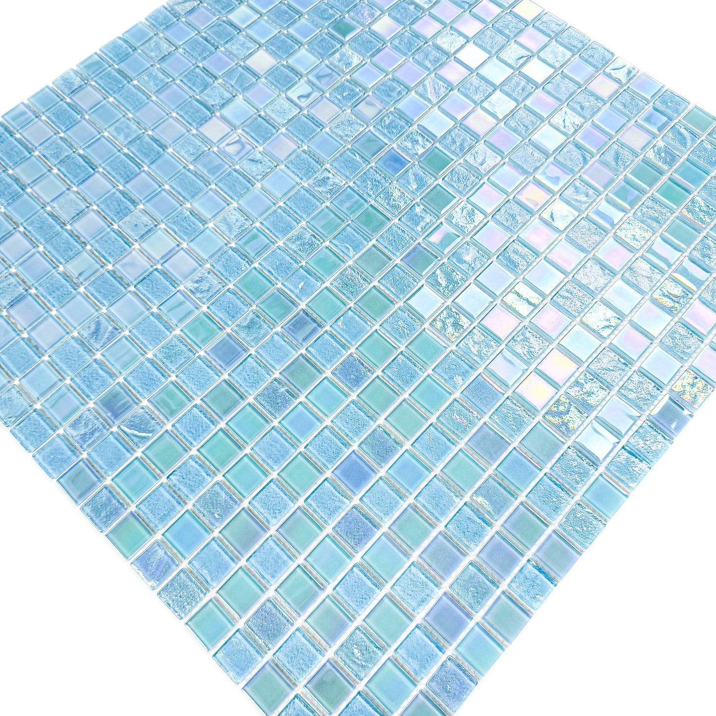 Crystal Cascade Collection Sky Blue & Nile Blue Iridescent Mixed Wave Pattern Crystal Glass Mosaic