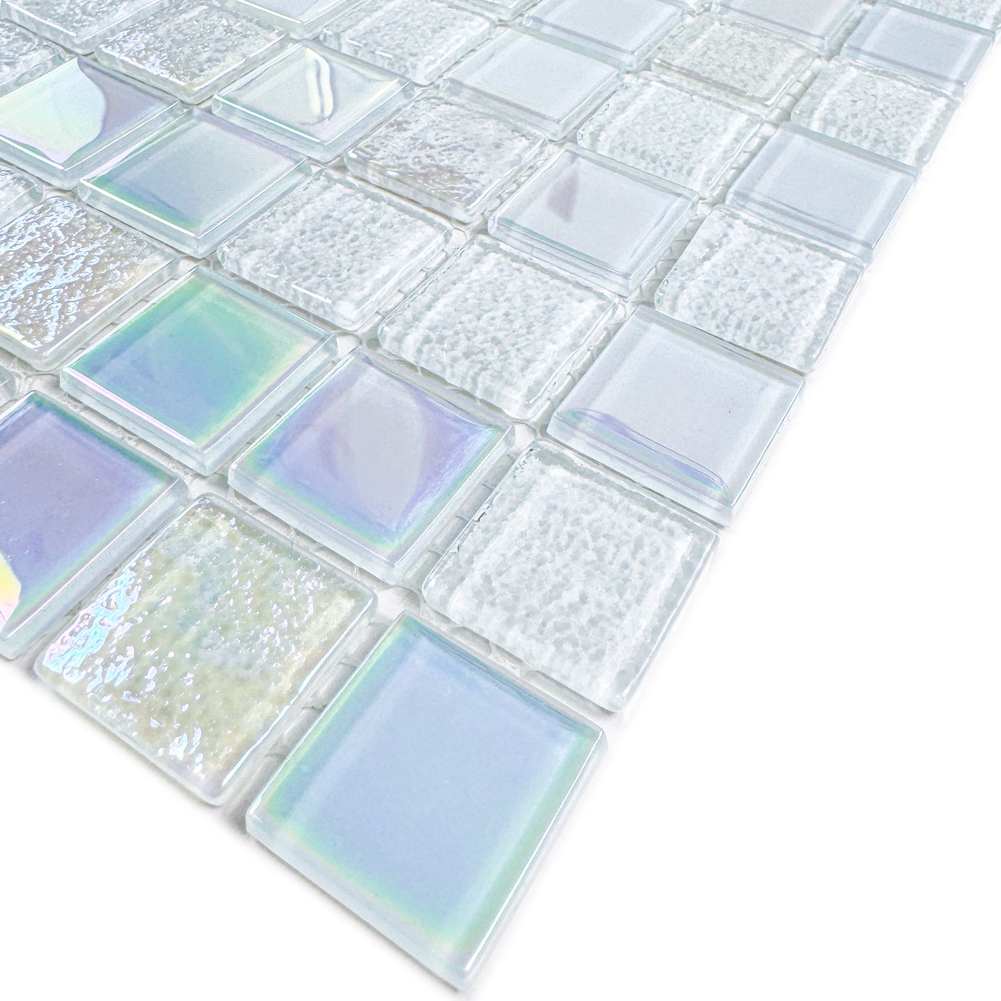Crystal Cascade Collection White Iridescent Mixed Wave Pattern Crystal Glass Mosaic