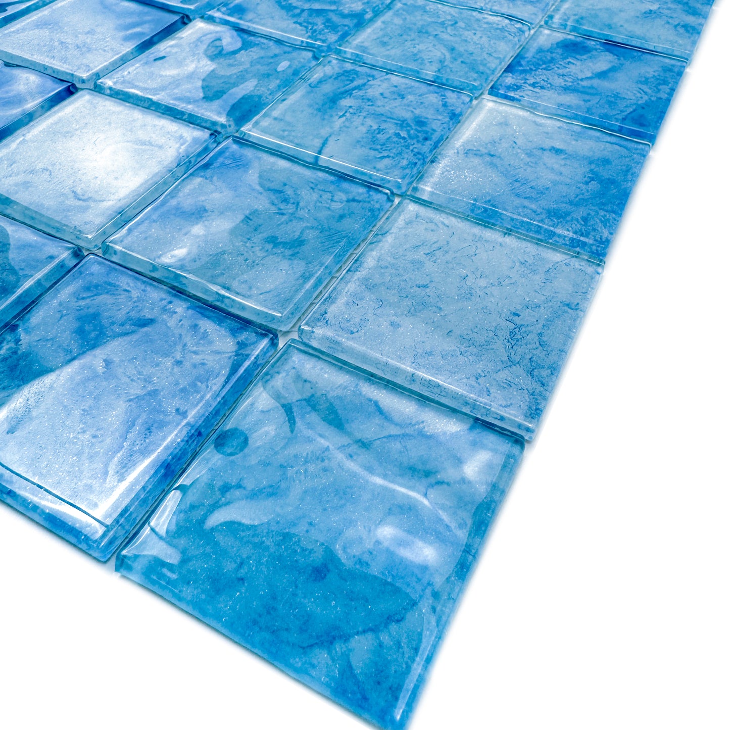 Marble Mirage Series Baby Blue & French Blue & Yale Blue Mixed Marble Transparent Texture Crystal Glass Mosaic