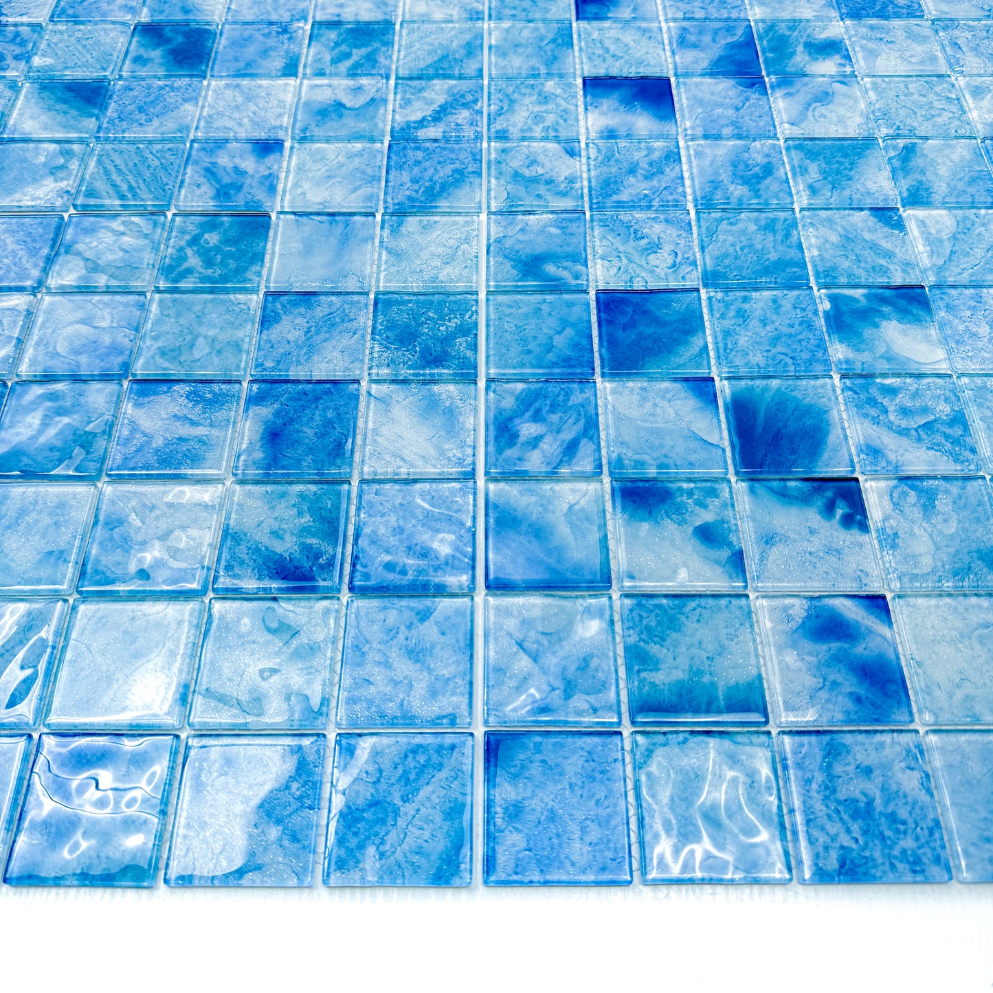 Marble Mirage Series Baby Blue & French Blue & Yale Blue Mixed Marble Transparent Texture Crystal Glass Mosaic