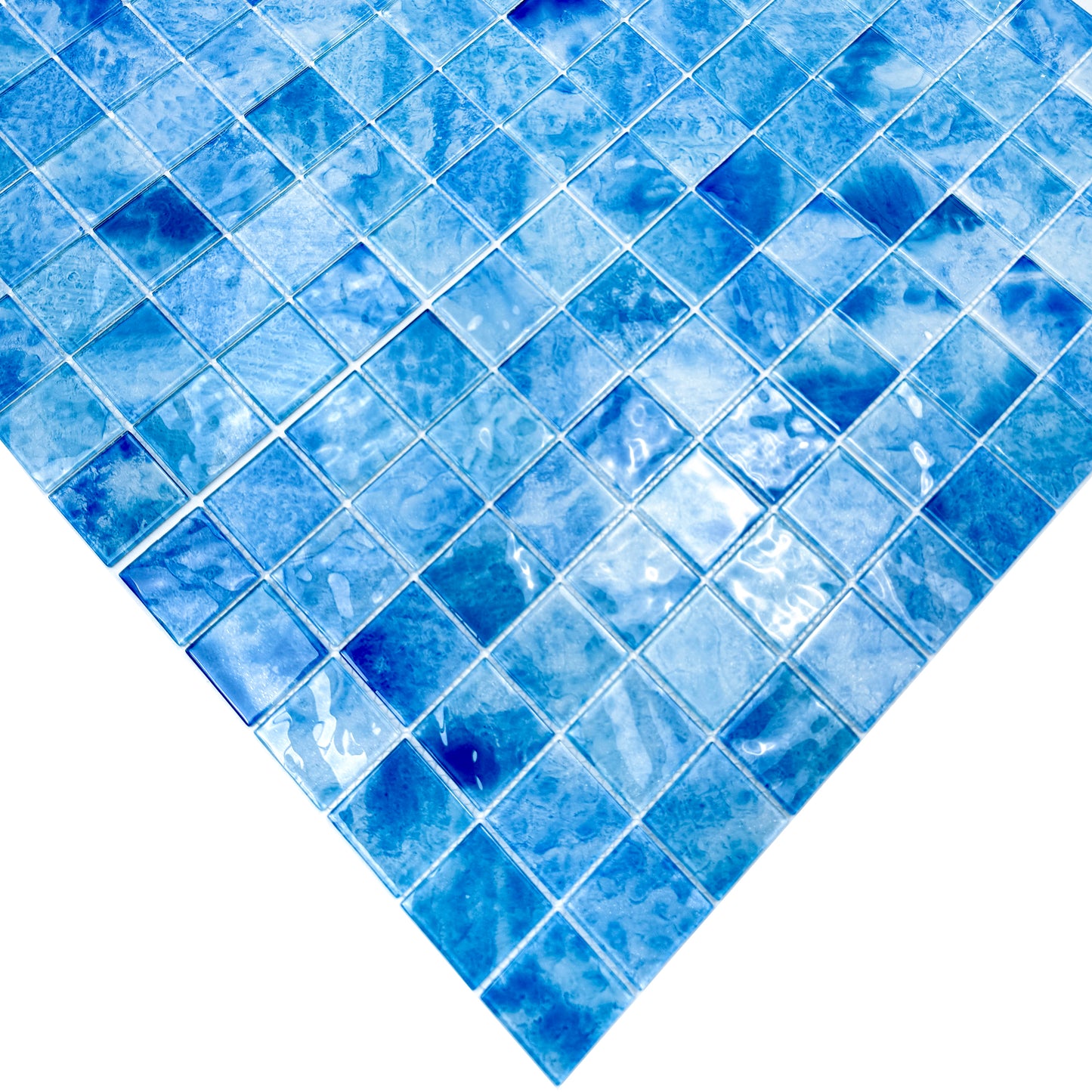 Marble Mirage Series Baby Blue & French Blue & Yale Blue Mixed Marble Transparent Texture Crystal Glass Mosaic