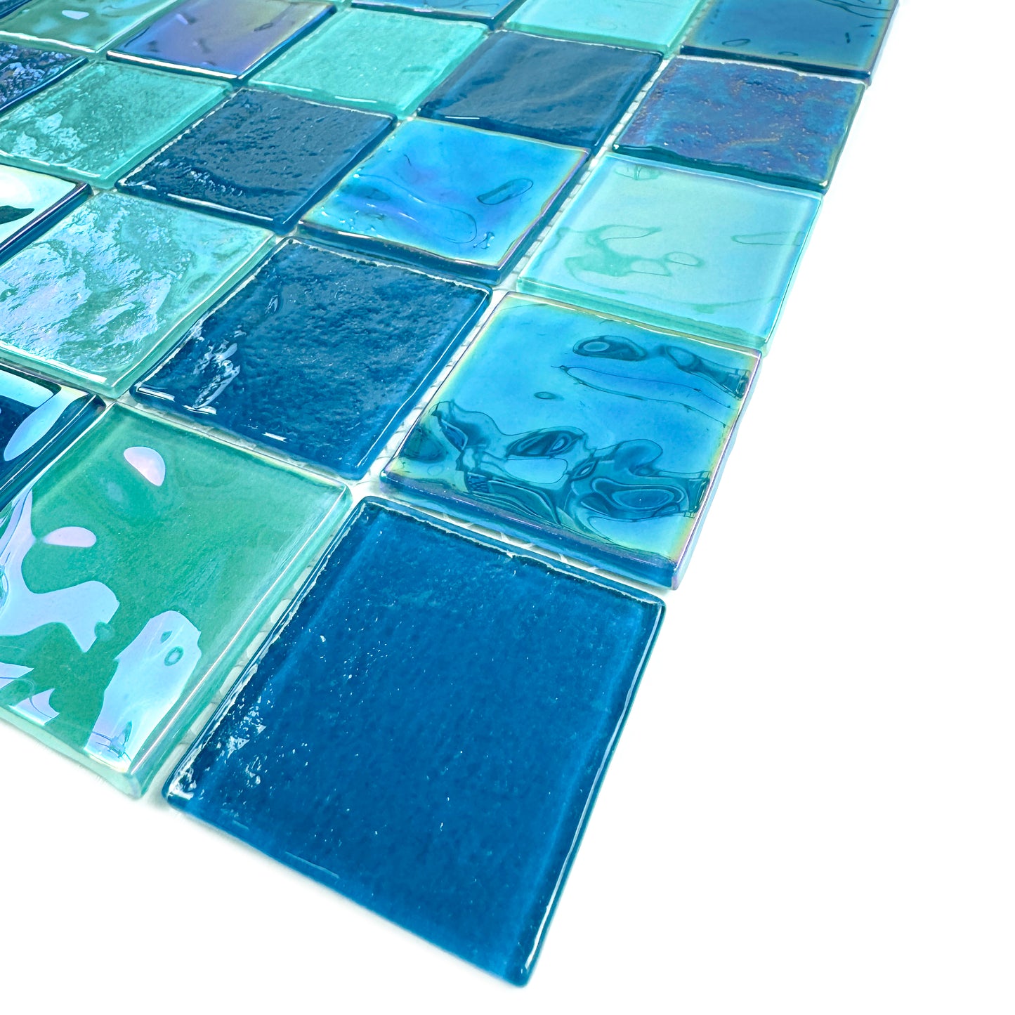 Crystal Cascade Series Pine Green & Sapphire Blue Iridescent Mixed Wave Pattern Crystal Glass Mosaic