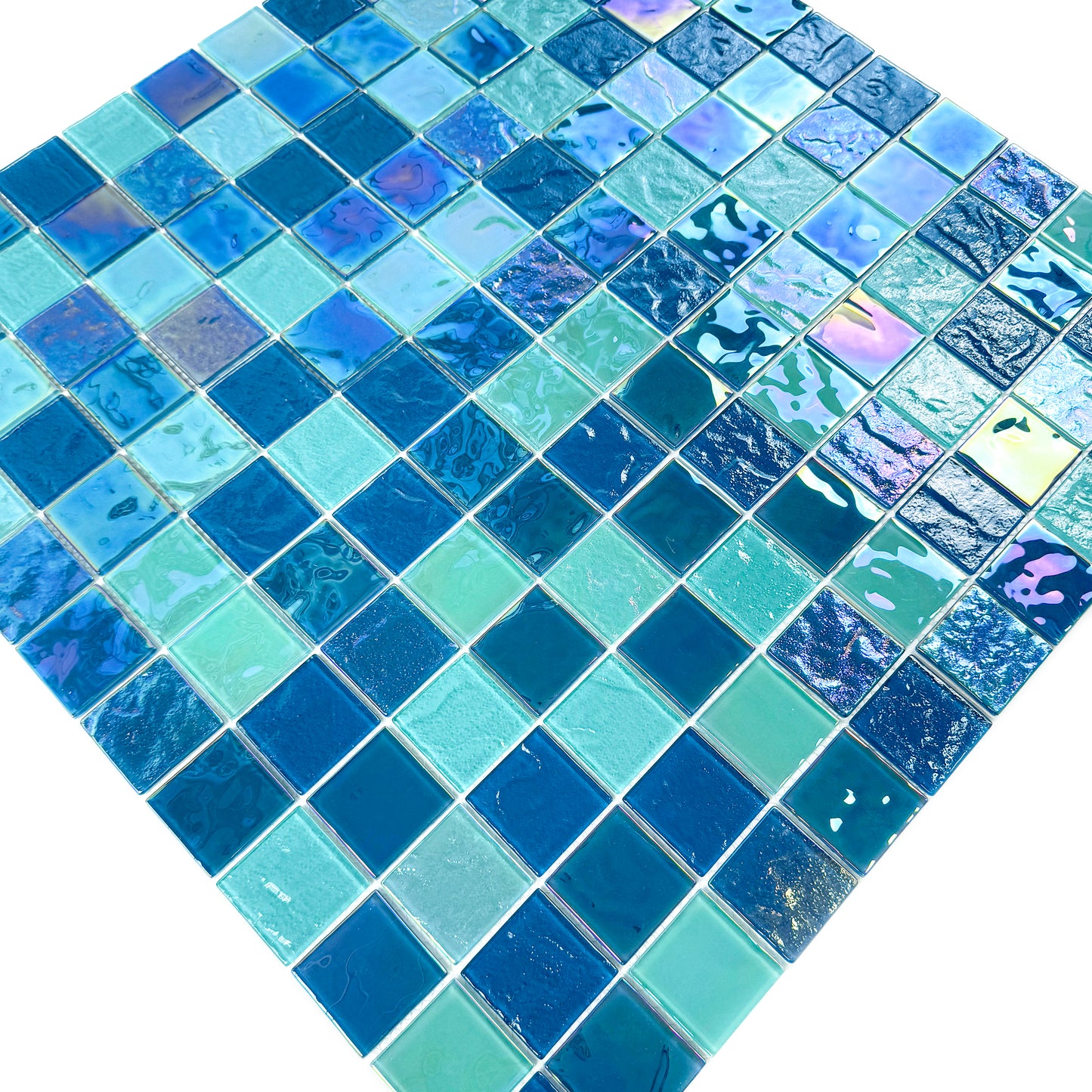 Crystal Cascade Series Pine Green & Sapphire Blue Iridescent Mixed Wave Pattern Crystal Glass Mosaic