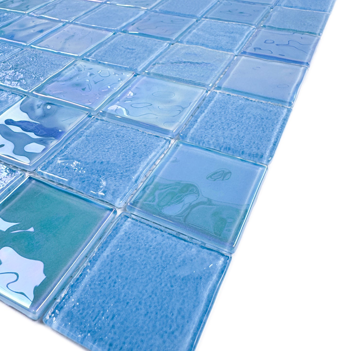 Crystal Cascade Series Sky Blue Iridescent Mixed Wave Pattern Crystal Glass Mosaic